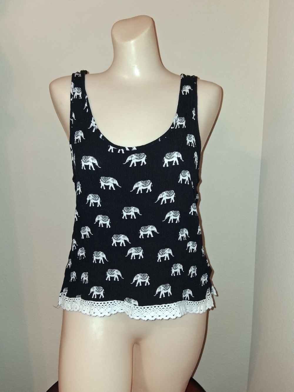 Black Elephant Print Tank Top with Lace Trim